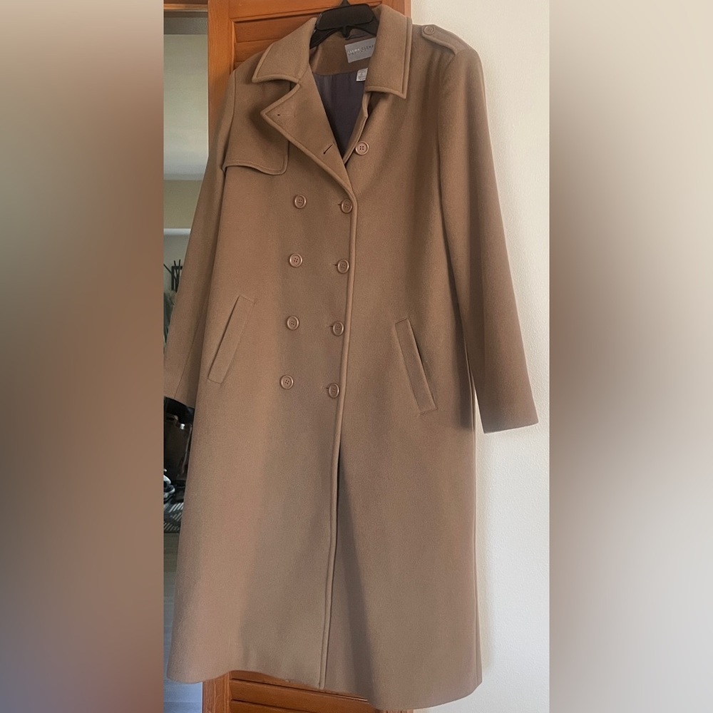 Vintage style Laura Clement wool/cashmere long tan double breasted coat 14 L